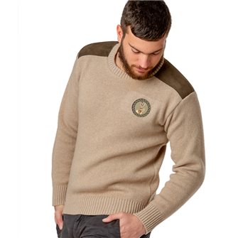 Pull col rond chasse homme jersey 30% laine beige M Bartavel P60 patch lièvre